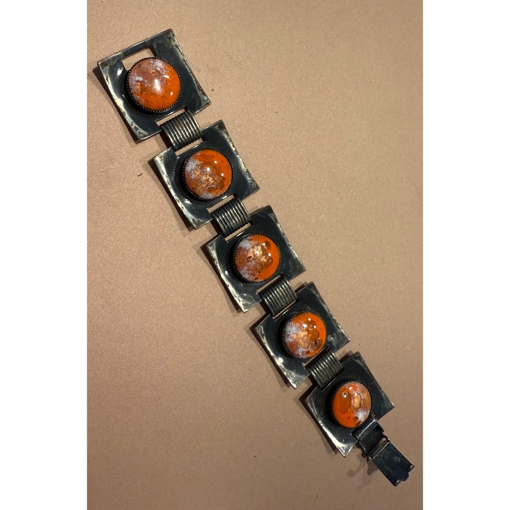 Vintage Orange Enamel Bracelet‎ Modernist Art Deco Retro Statement Jewelry